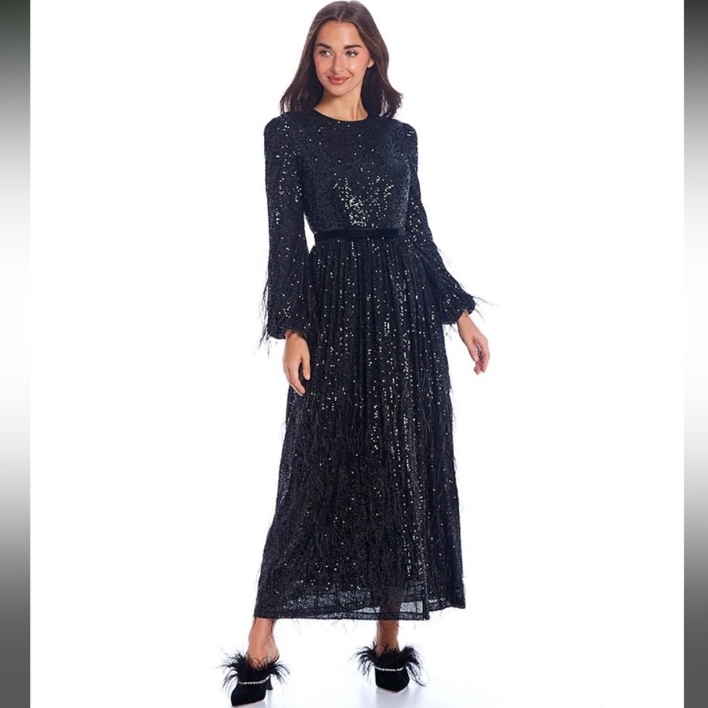 AM x Nicola Bathie Sequin Crew Neck LS Belted Feathered A-Line Midi Dress
